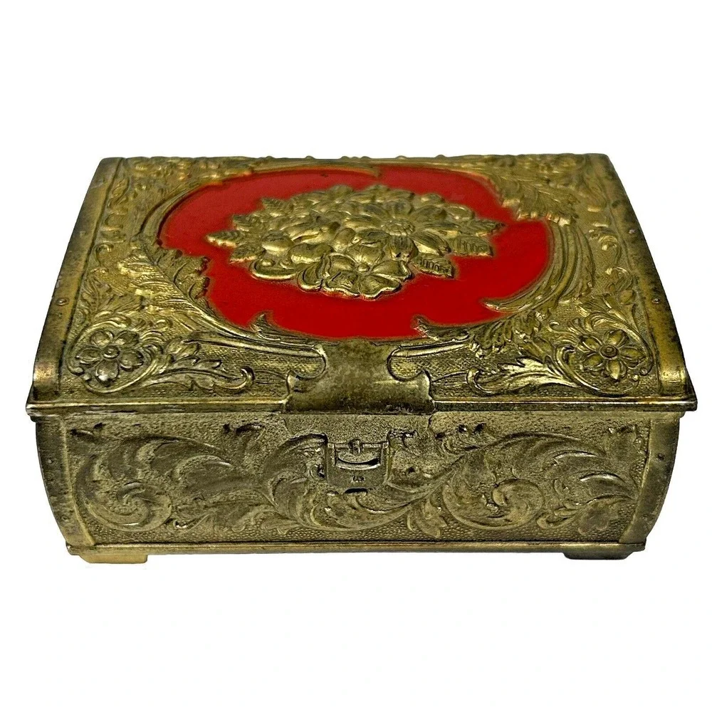Vintage Metal Gold-tone Floral Detailed Lined Footed Trinket Jewelry Box.